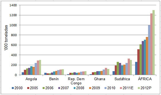 Gráfica 2. Principales importadores de carne de pollo en África ('000 toneladas)