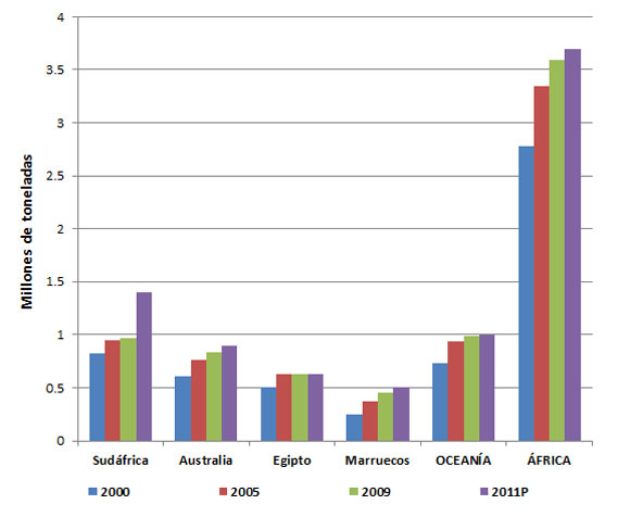 Producción de carne de pollo en algunos países de África y Oceanía