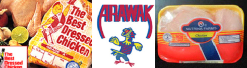 Izquierda: pollo entero de Jamaica Broilers. Centro: logo de Supermix/Arawak. Derecha: pollo trozado de Nutrimix.