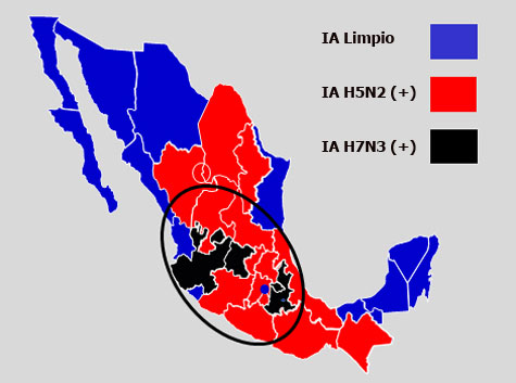 Figura 1. La distribución geográfica de los virus de influenza aviar en la actualidad en México